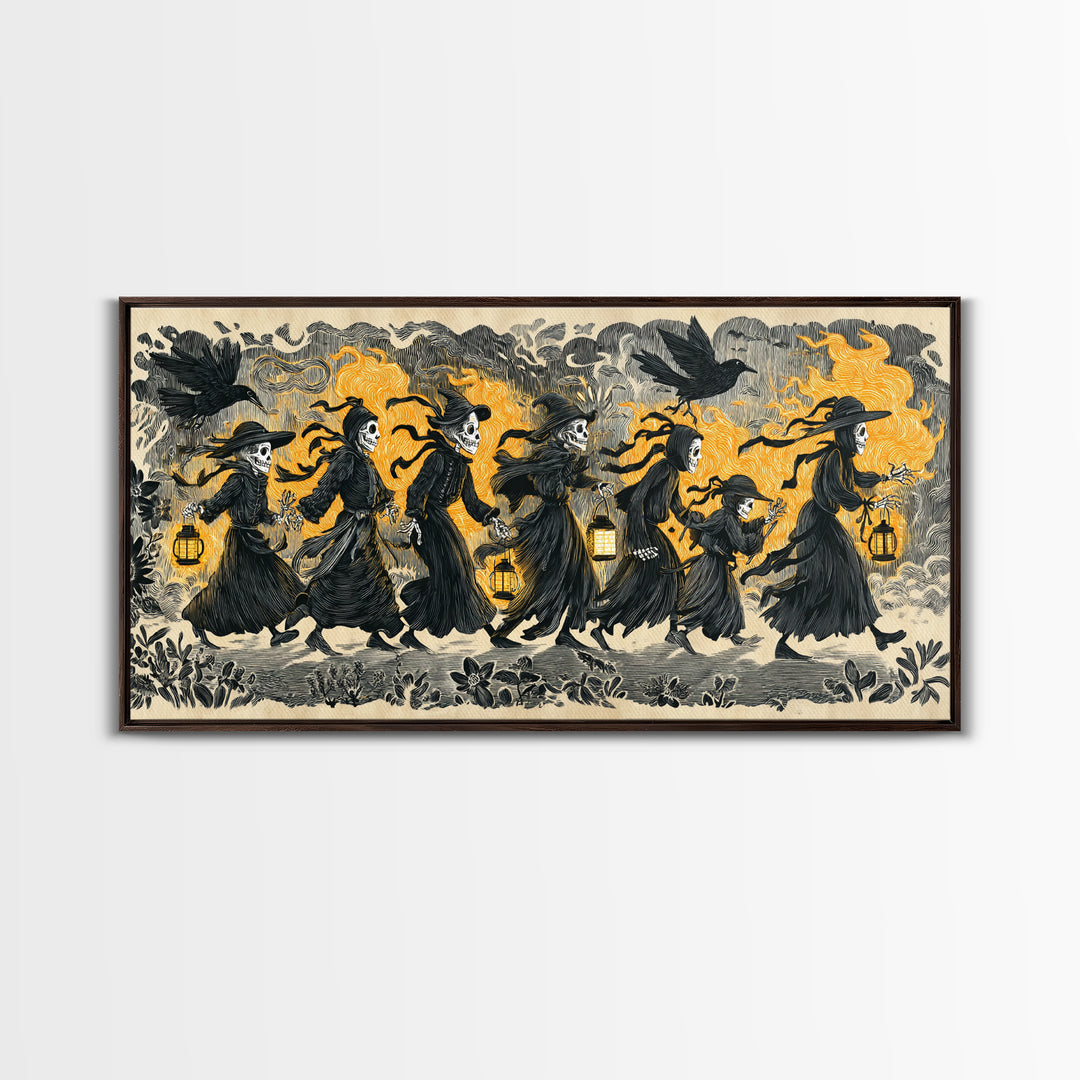 The Trick-Or-Treat Procession, Macabre Folk Print Art, Wide Panoramic Art, Dark Halloween Decor, Canvas Print