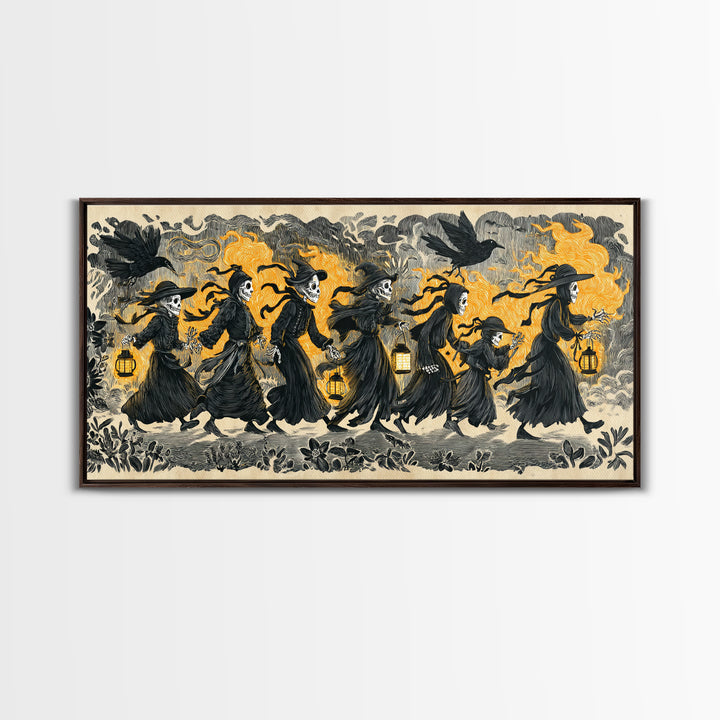 The Trick-Or-Treat Procession, Macabre Folk Print Art, Wide Panoramic Art, Dark Halloween Decor, Canvas Print
