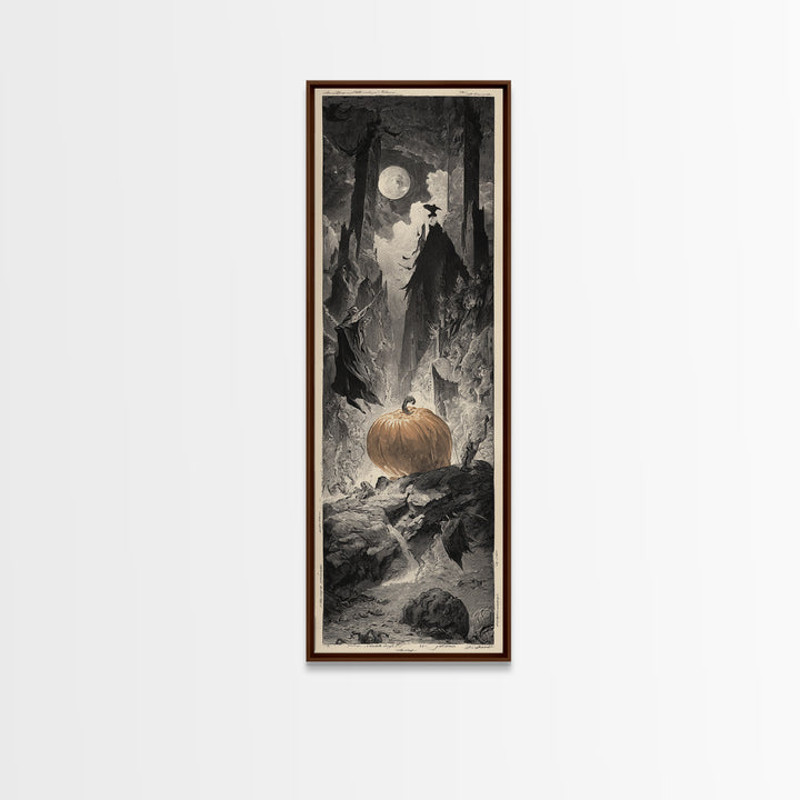 The Pumpkin-Carving Ritual, Gothic Engraving Art, Tall Narrow Wall Art, Gothic Horror Wall Art, Framed Canvas Print, Halloween Wall Art