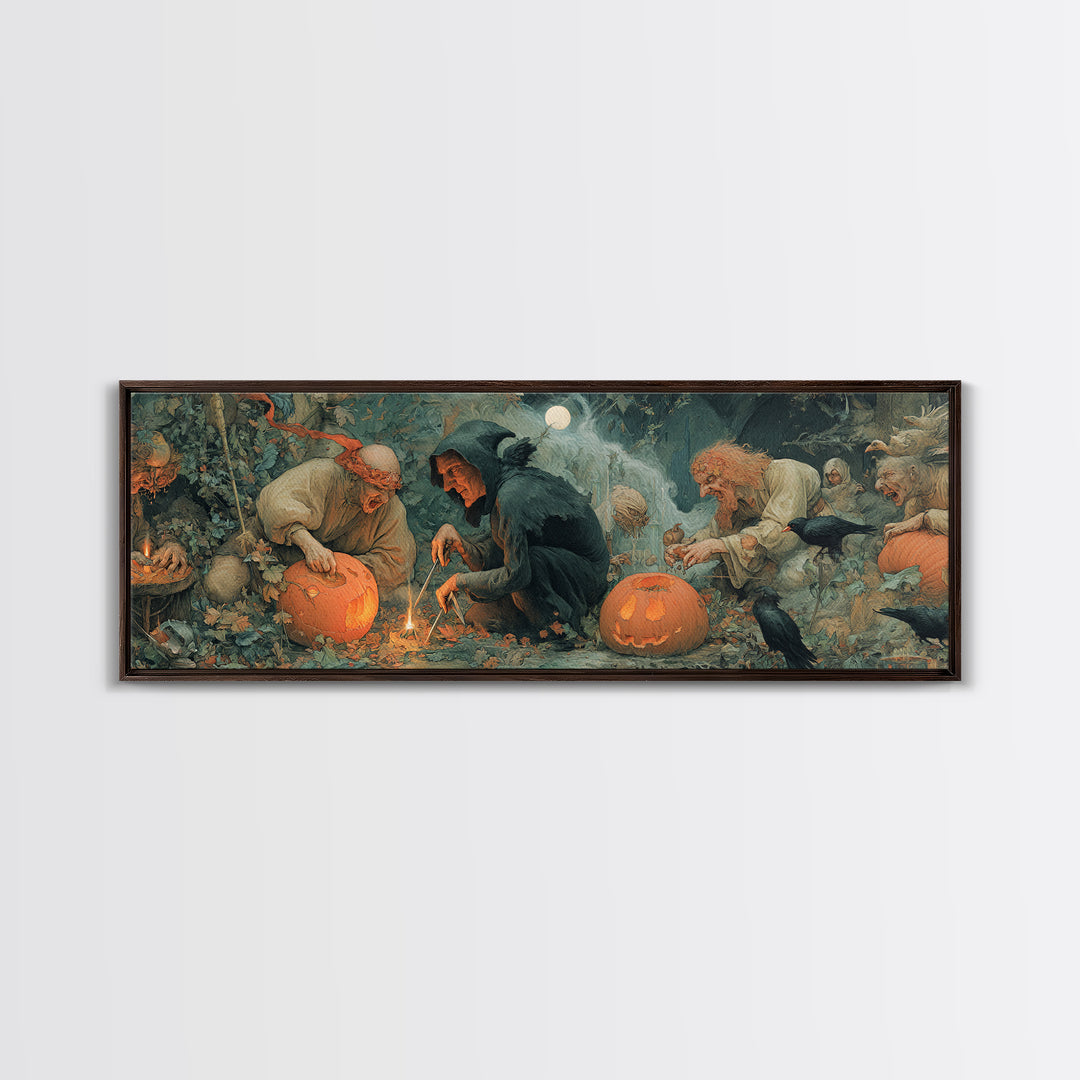 The Pumpkin-Carving Ritual, Medieval Grotesque Art, Extra Wide Wall Art, Gothic Horror Wall Art, Framed Canvas Print
