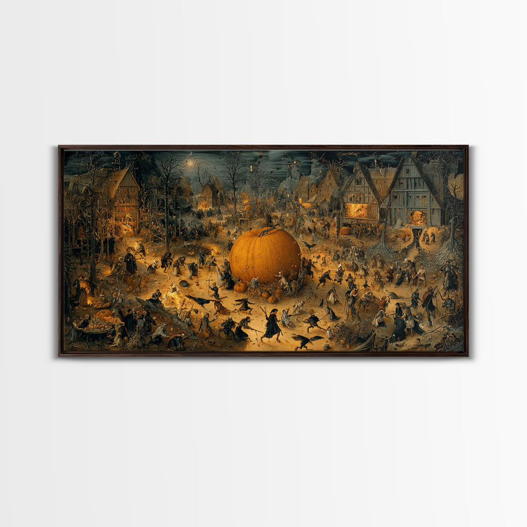 The Pumpkin-Carving Ritual, Northern Renaissance Horror, Wide Panoramic Art, Gothic Horror Wall Art, Framed Canvas Print