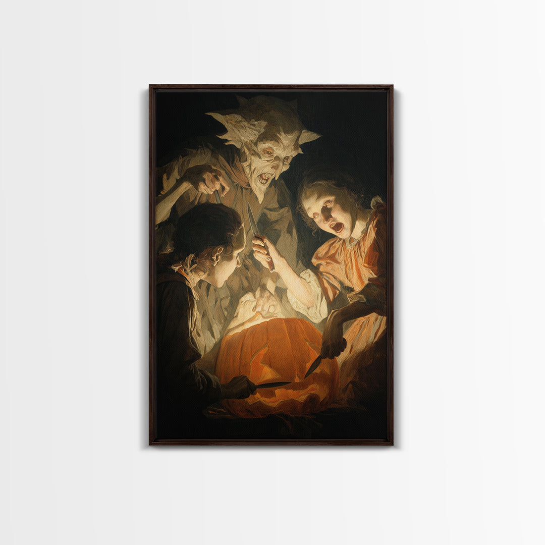 The Pumpkin-Carving Ritual, Gothic Nightmare Art, Vertical Wall Art, Macabre Wall Art, Canvas Print, Halloween Wall Art