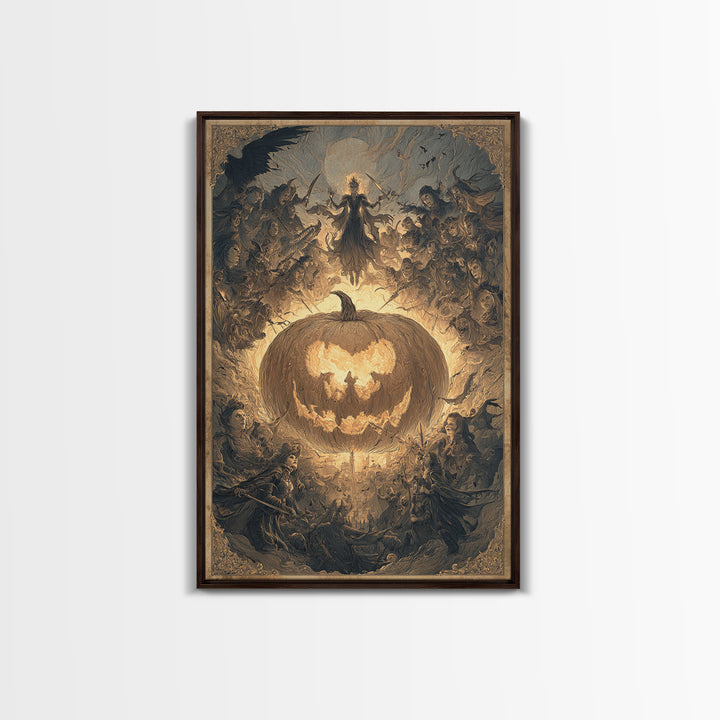 The Pumpkin-Carving Ritual, Visionary Gothic Art, Vertical Wall Art, Macabre Wall Art, Framed Canvas Print, Halloween Wall Art