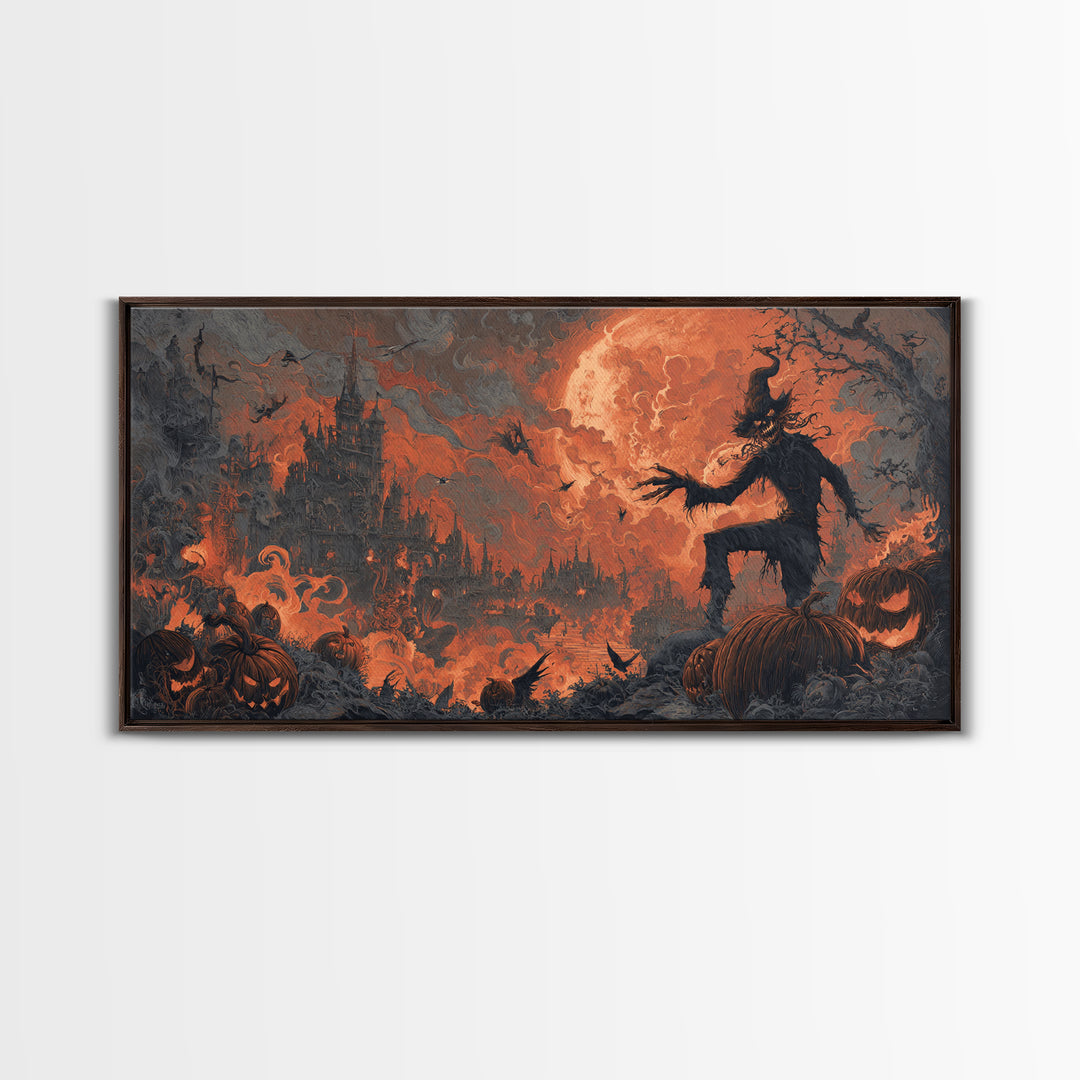 The Pumpkin-Carving Ritual, Apocalyptic Romantic Art, Wide Panoramic Art, Dark Halloween Decor, Canvas Print, Halloween Wall Art