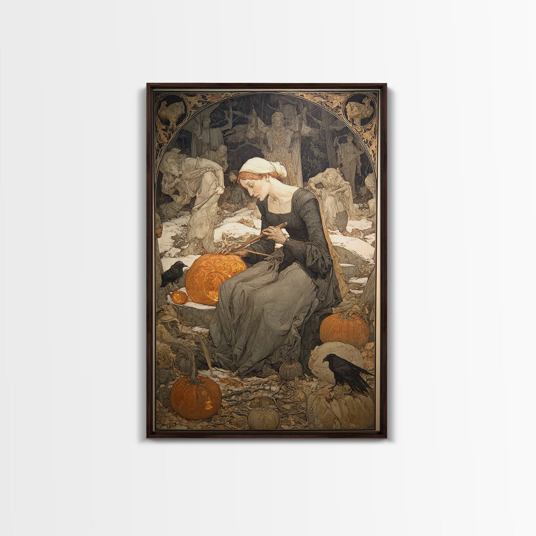 The Pumpkin-Carving Ritual, Symbolist Death Art, Vertical Wall Art, Gothic Horror Wall Art, Framed Canvas Print, Halloween Wall Art