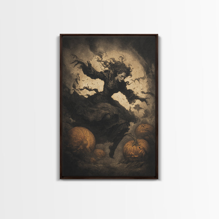 The Pumpkin-Carving Ritual, Dark Symbolist Art, Vertical Wall Art, Gothic Horror Wall Art, Framed Canvas Print, Halloween Wall Art