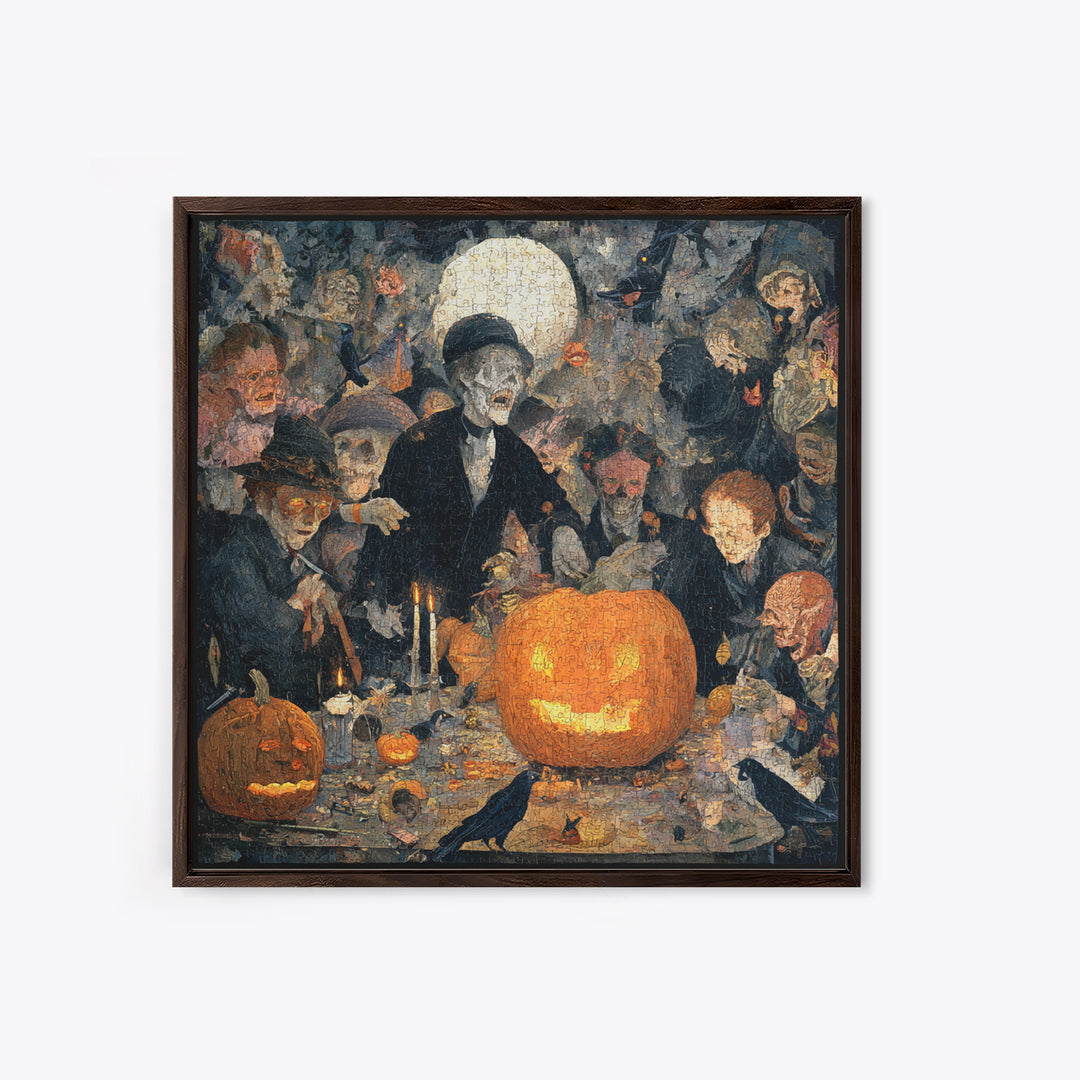 The Pumpkin-Carving Ritual, Grotesque Carnival Art, Square Wall Art, Dark Halloween Decor, Framed Canvas Print, Halloween Wall Art