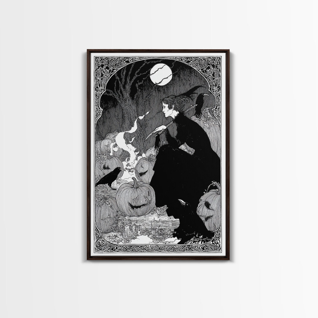 The Pumpkin-Carving Ritual, Decadent Line Art, Vertical Wall Art, Gothic Horror Wall Art, Canvas Print, Halloween Wall Art