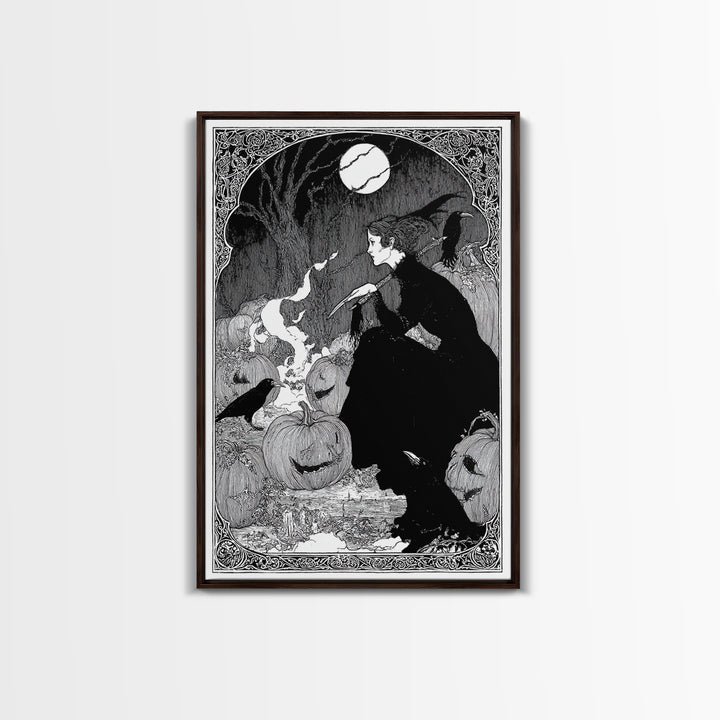 The Pumpkin-Carving Ritual, Decadent Line Art, Vertical Wall Art, Gothic Horror Wall Art, Canvas Print, Halloween Wall Art