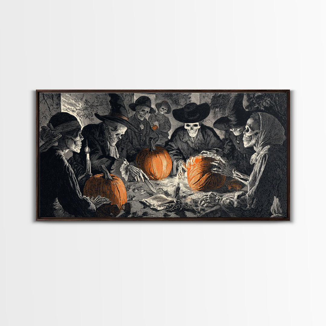 The Pumpkin-Carving Ritual, Macabre Folk Print Art, Wide Panoramic Art, Dark Halloween Decor, Canvas Print, Halloween Wall Art