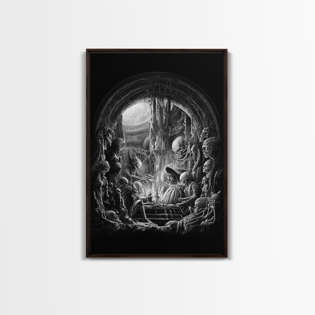 The Pumpkin-Carving Ritual, Biomechanical Horror Art, Vertical Wall Art, Dark Halloween Decor, Canvas Print, Halloween Wall Art