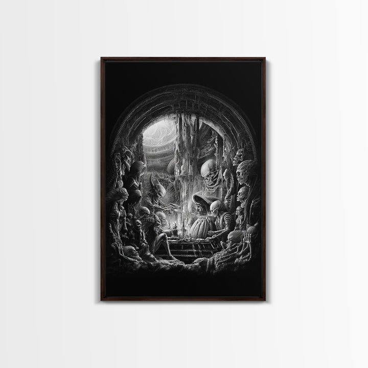 The Pumpkin-Carving Ritual, Biomechanical Horror Art, Vertical Wall Art, Dark Halloween Decor, Canvas Print, Halloween Wall Art