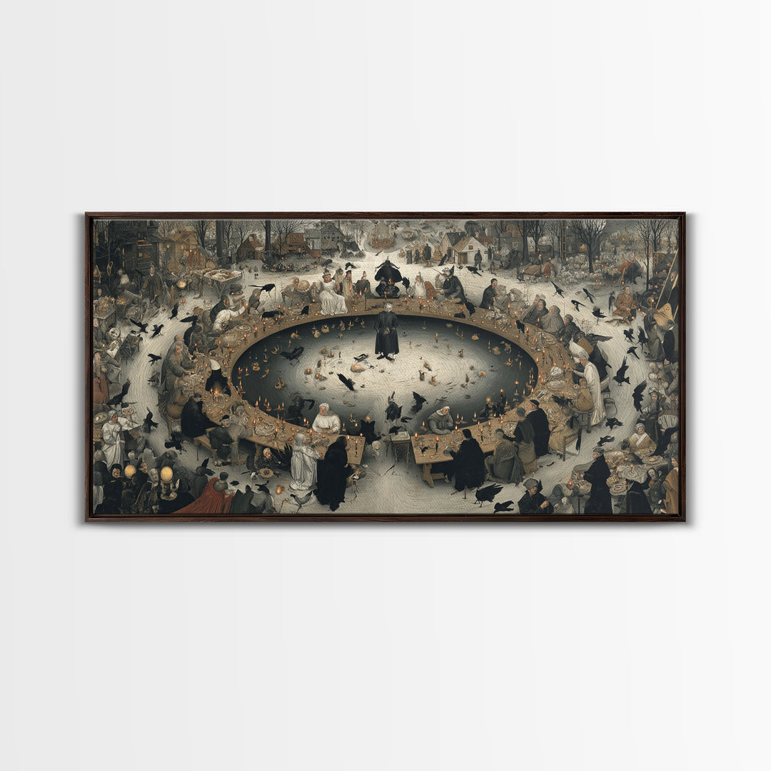 The Candlelit Seance, Northern Renaissance Horror, Wide Panoramic Art, Dark Halloween Decor, Canvas Print, Halloween Wall Art