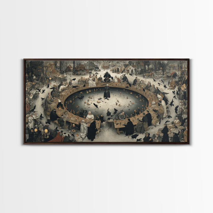 The Candlelit Seance, Northern Renaissance Horror, Wide Panoramic Art, Dark Halloween Decor, Canvas Print, Halloween Wall Art