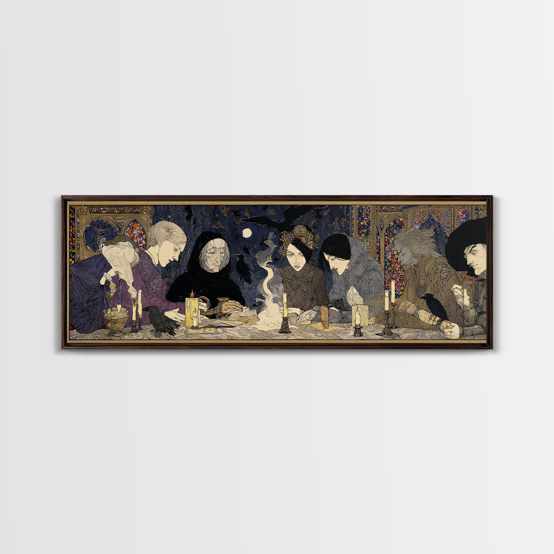 The Candlelit Seance, Stained Glass Gothic Art, Extra Wide Wall Art, Dark Fantasy Wall Art, Framed Canvas Print, Halloween Wall Art