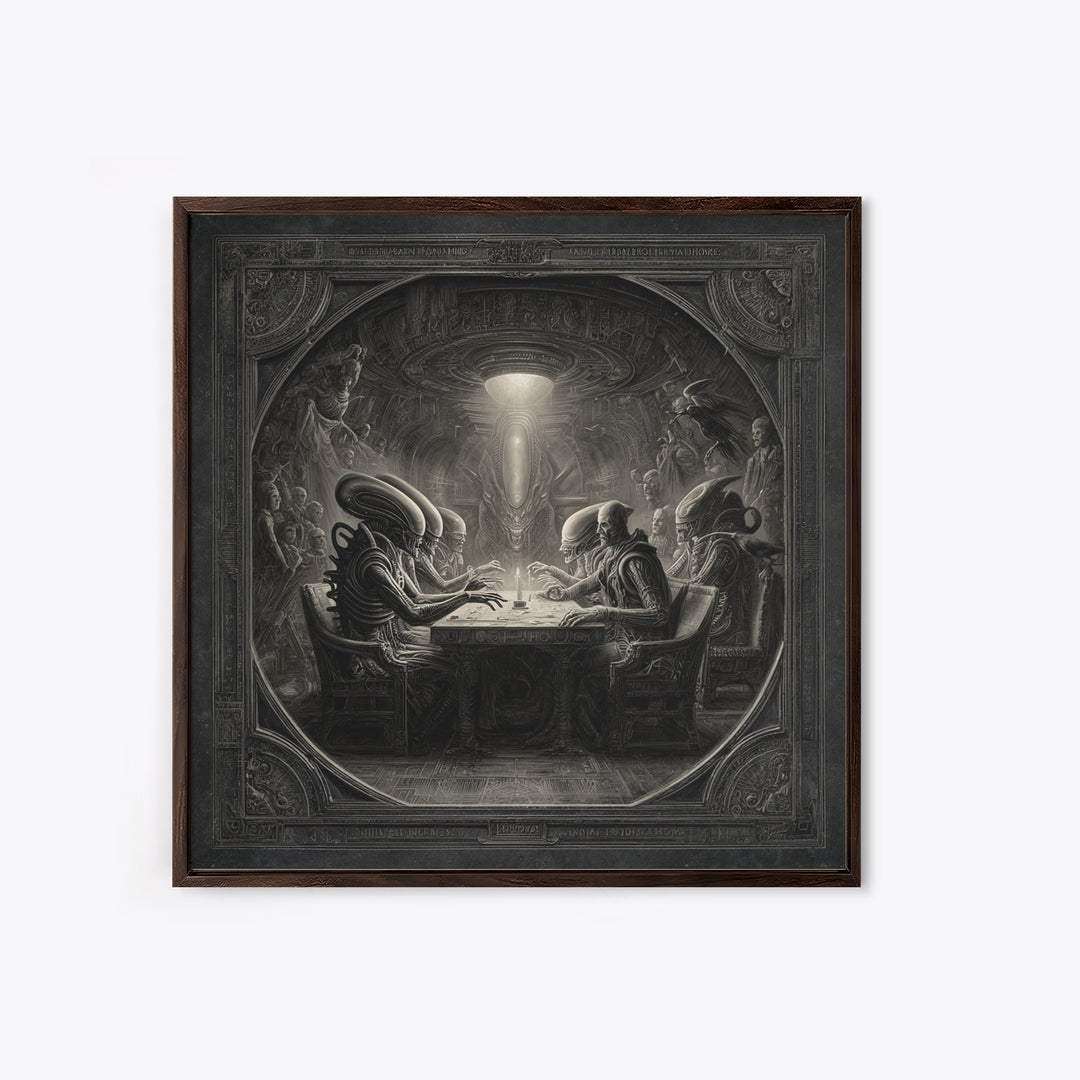The Candlelit Seance, Biomechanical Horror Art, Square Wall Art, Macabre Wall Art, Framed Canvas Print, Halloween Wall Art