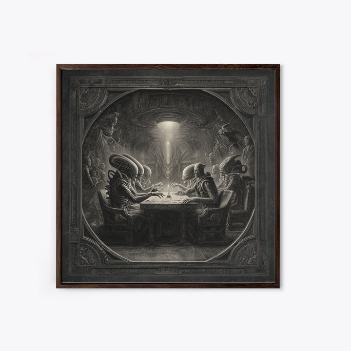The Candlelit Seance, Biomechanical Horror Art, Square Wall Art, Macabre Wall Art, Framed Canvas Print, Halloween Wall Art