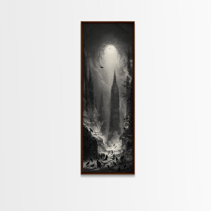 The Raven Funeral, Gothic Engraving Art, Tall Narrow Wall Art, Macabre Wall Art, Canvas Print, Halloween Wall Art, Gothic Home Decor