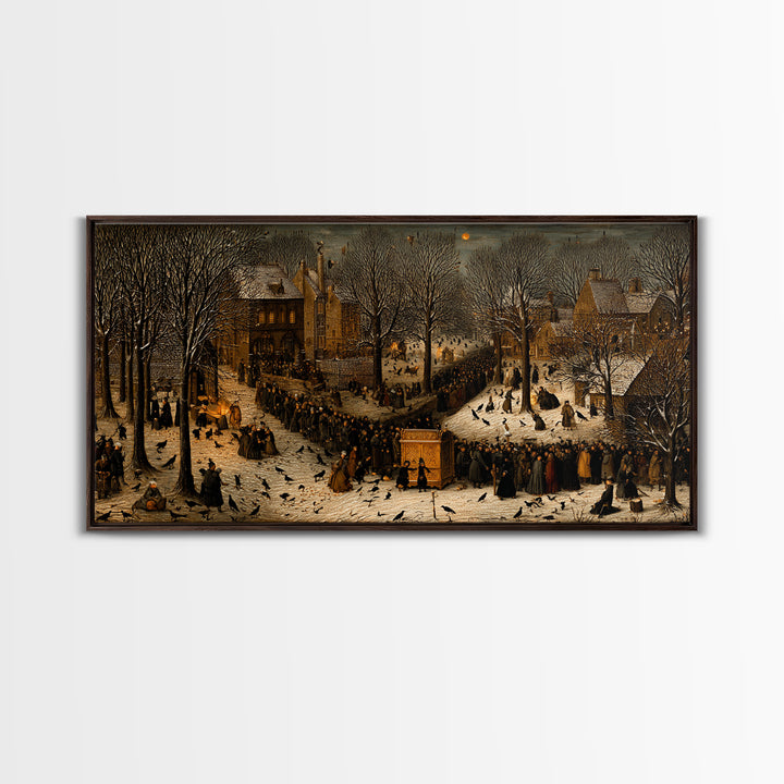 The Raven Funeral, Northern Renaissance Horror, Wide Panoramic Art, Macabre Wall Art, Framed Canvas Print, Halloween Wall Art