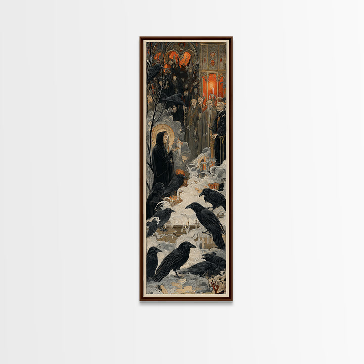 The Raven Funeral, Dark Renaissance Art, Tall Narrow Wall Art, Gothic Horror Wall Art, Canvas Print, Halloween Wall Art