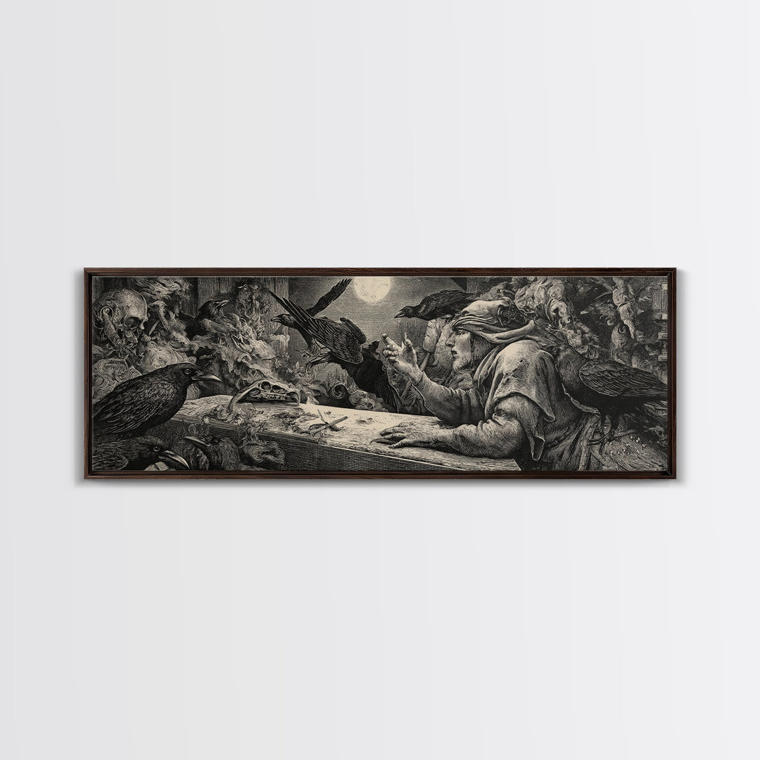 The Raven Funeral, Renaissance Engraving Art, Extra Wide Wall Art, Dark Fantasy Wall Art, Framed Canvas Print, Halloween Wall Art