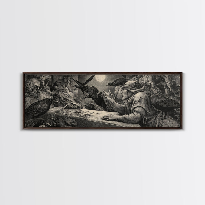 The Raven Funeral, Renaissance Engraving Art, Extra Wide Wall Art, Dark Fantasy Wall Art, Framed Canvas Print, Halloween Wall Art