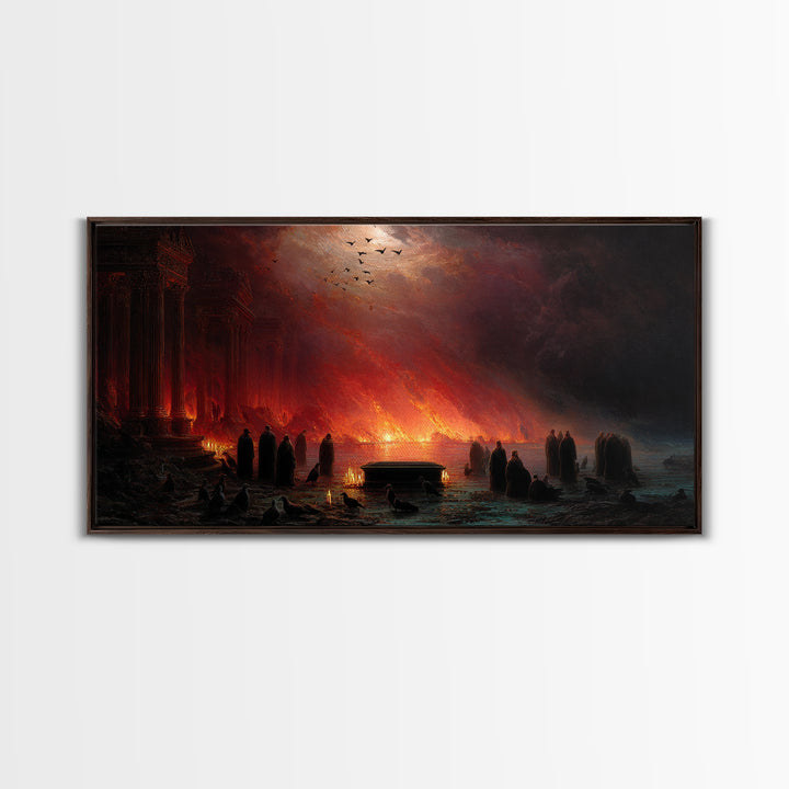 The Raven Funeral, Apocalyptic Romantic Art, Wide Panoramic Art, Macabre Wall Art, Framed Canvas Print, Halloween Wall Art