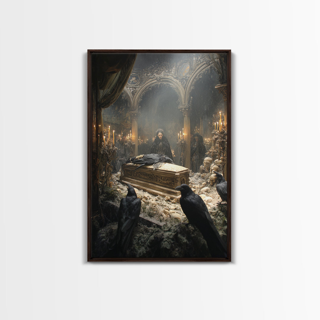 The Raven Funeral, Ornate Symbolist Art, Vertical Wall Art, Dark Halloween Decor, Framed Canvas Print, Halloween Wall Art