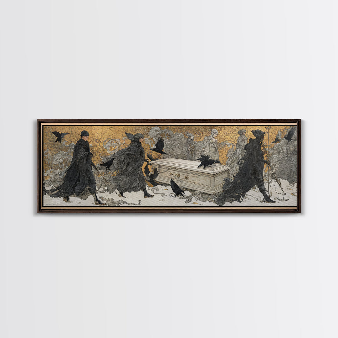 The Raven Funeral, Symbolist Death Art, Extra Wide Wall Art, Gothic Horror Wall Art, Canvas Print, Halloween Wall Art