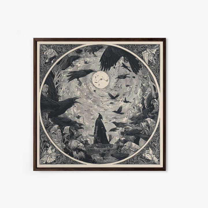The Raven Funeral, Symbolist Etching Art, Square Wall Art, Dark Halloween Decor, Framed Canvas Print, Halloween Wall Art