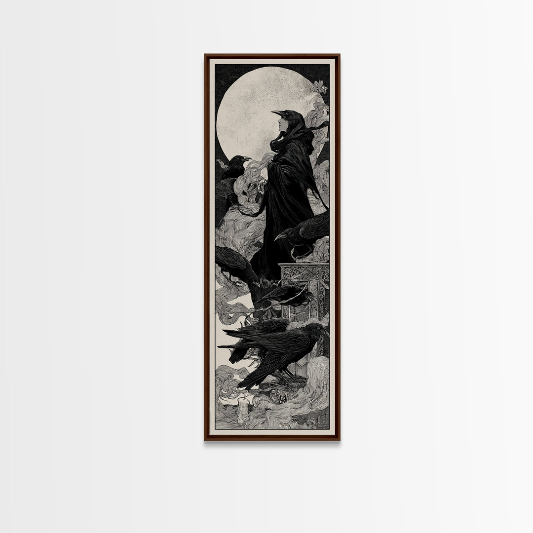 The Raven Funeral, Decadent Line Art, Tall Narrow Wall Art, Macabre Wall Art, Canvas Print, Halloween Wall Art