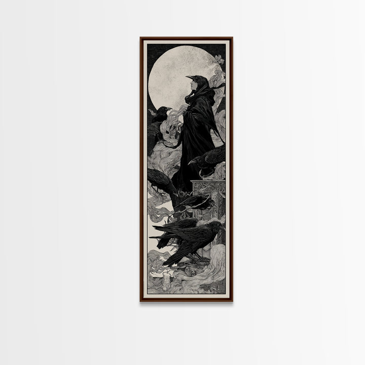 The Raven Funeral, Decadent Line Art, Tall Narrow Wall Art, Macabre Wall Art, Canvas Print, Halloween Wall Art