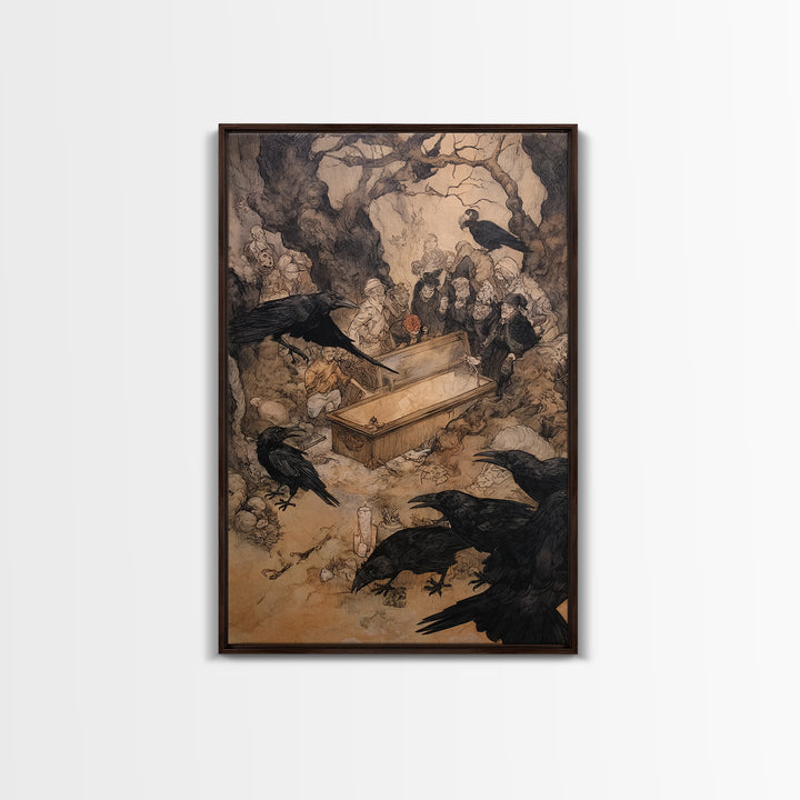 The Raven Funeral, Gothic Storybook Art, Vertical Wall Art, Macabre Wall Art, Canvas Print, Halloween Wall Art, Statement Wall Art