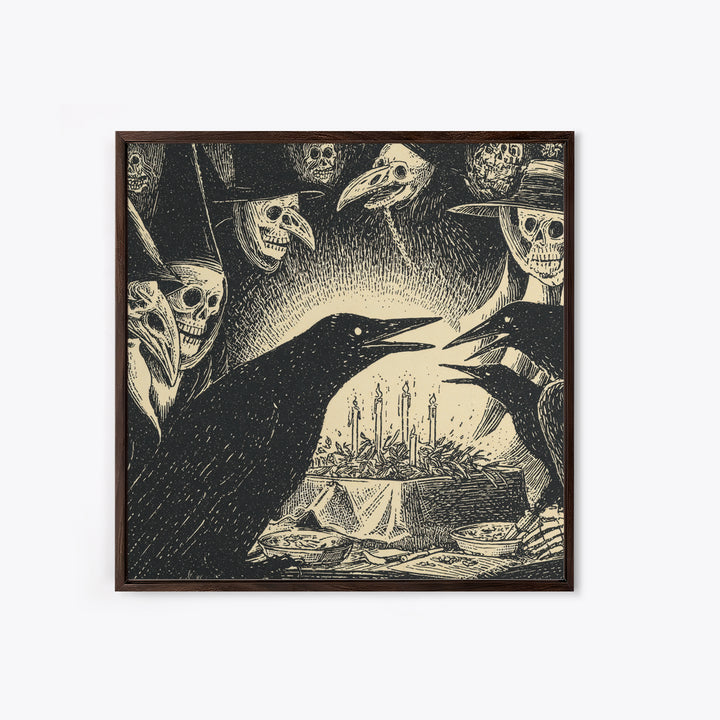The Raven Funeral, Macabre Folk Print Art, Square Wall Art, Macabre Wall Art, Framed Canvas Print, Halloween Wall Art