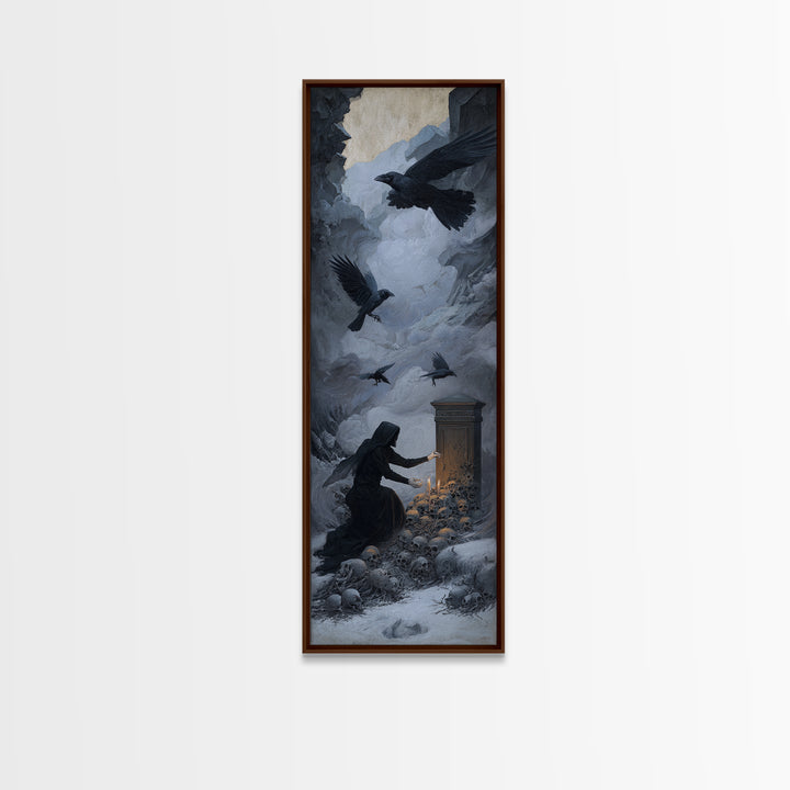 The Raven Funeral, Surreal Apocalyptic Art, Tall Narrow Wall Art, Dark Fantasy Wall Art, Framed Canvas Print, Halloween Wall Art