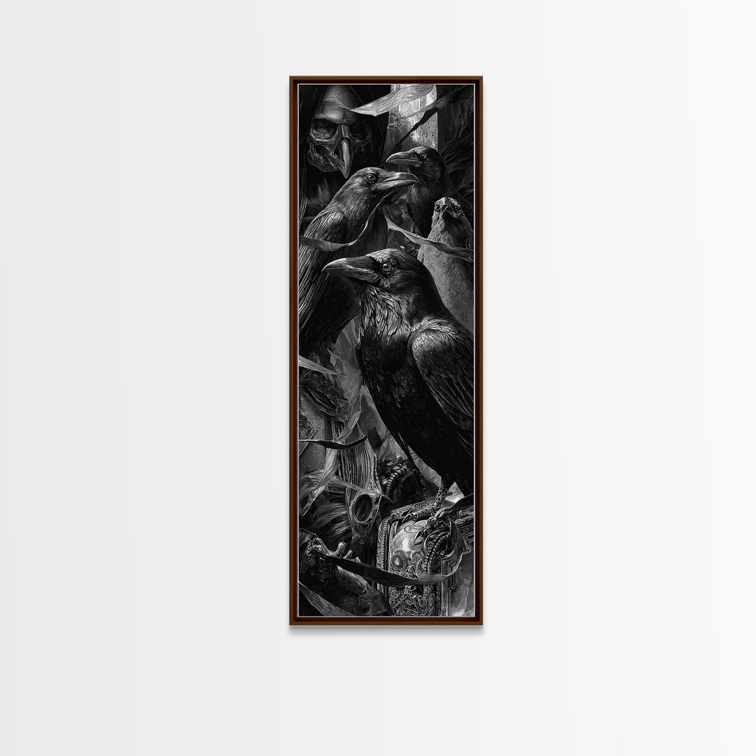 The Raven Funeral, Biomechanical Horror Art, Tall Narrow Wall Art, Macabre Wall Art, Framed Canvas Print, Halloween Wall Art