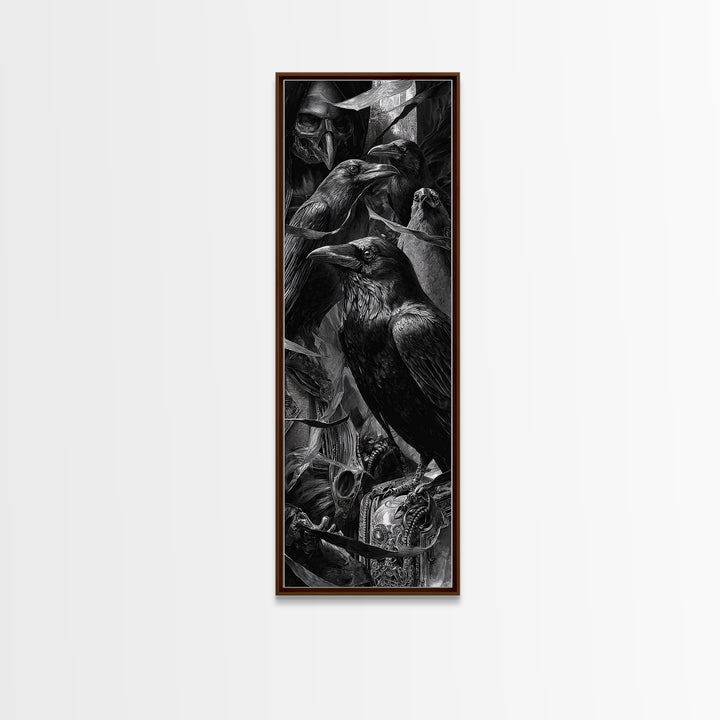 The Raven Funeral, Biomechanical Horror Art, Tall Narrow Wall Art, Macabre Wall Art, Framed Canvas Print, Halloween Wall Art