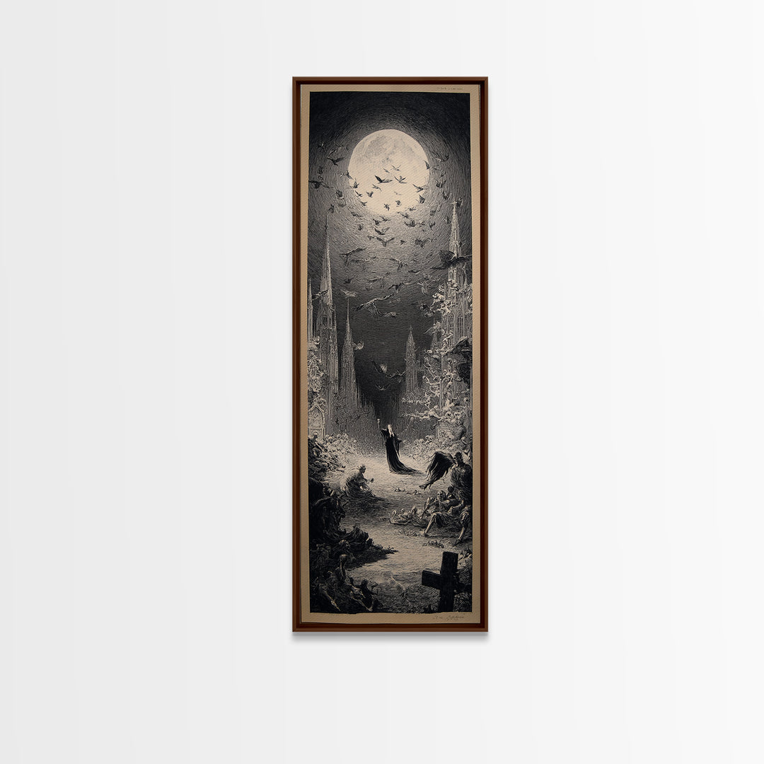 The Graveyard Dance, Gothic Engraving Art, Tall Narrow Wall Art, Dark Halloween Decor, Canvas Print, Halloween Wall Art
