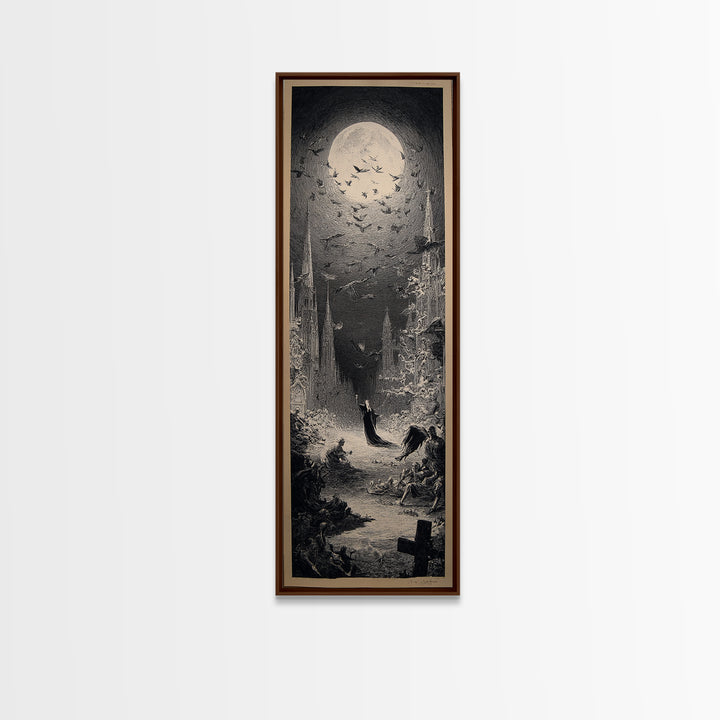 The Graveyard Dance, Gothic Engraving Art, Tall Narrow Wall Art, Dark Halloween Decor, Canvas Print, Halloween Wall Art