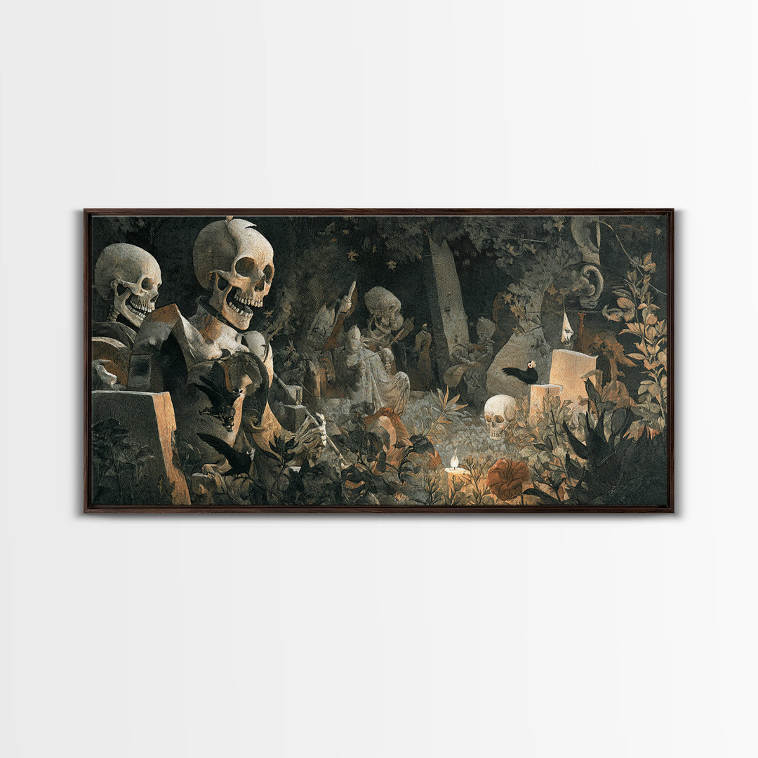 The Graveyard Dance, Medieval Grotesque Art, Wide Panoramic Art, Gothic Horror Wall Art, Framed Canvas Print, Halloween Wall Art