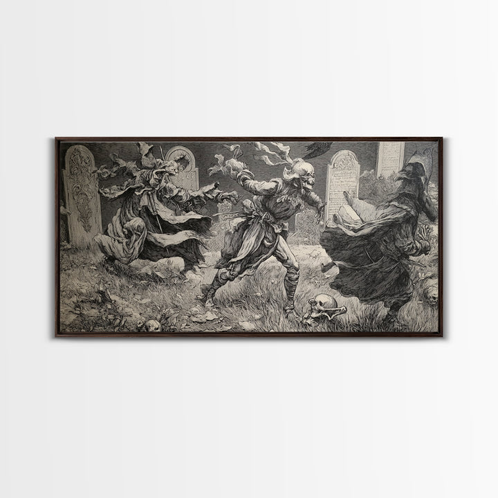 The Graveyard Dance, Renaissance Engraving Art, Wide Panoramic Art, Gothic Horror Wall Art, Canvas Print, Halloween Wall Art