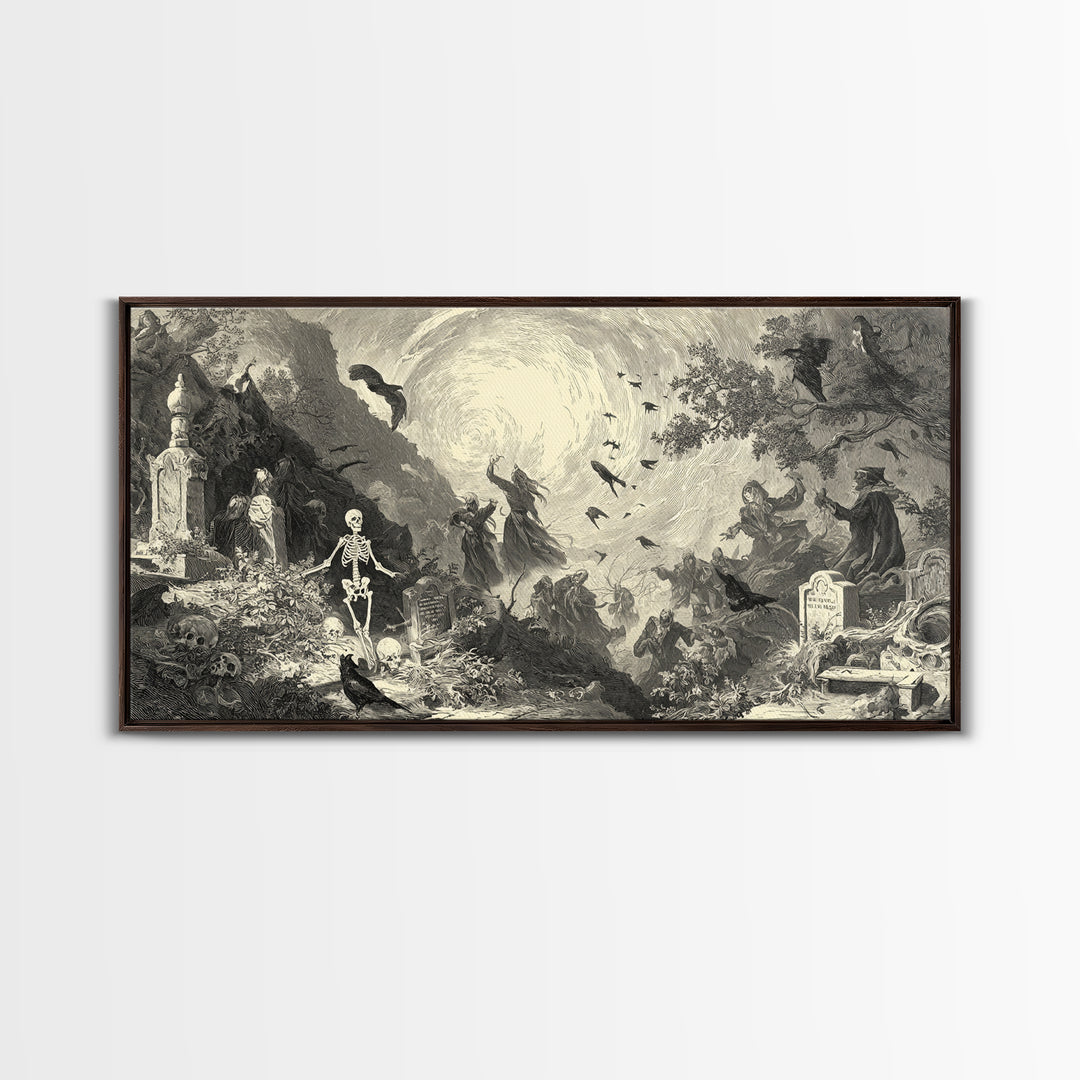 The Graveyard Dance, Baroque Witchcraft Art, Wide Panoramic Art, Gothic Horror Wall Art, Framed Canvas Print, Halloween Wall Art