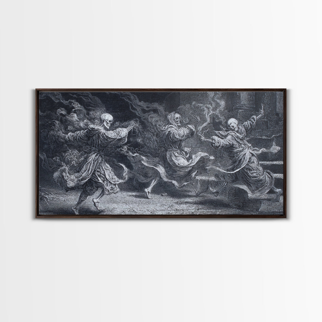 The Graveyard Dance, Architectural Etching Art, Wide Panoramic Art, Gothic Horror Wall Art, Framed Canvas Print