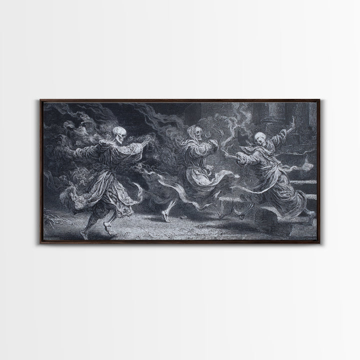 The Graveyard Dance, Architectural Etching Art, Wide Panoramic Art, Gothic Horror Wall Art, Framed Canvas Print