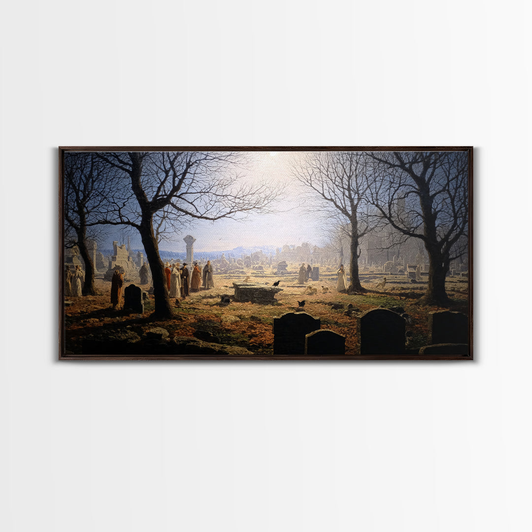 The Graveyard Dance, Romantic Gothic Landscape, Wide Panoramic Art, Dark Fantasy Wall Art, Canvas Print, Halloween Wall Art