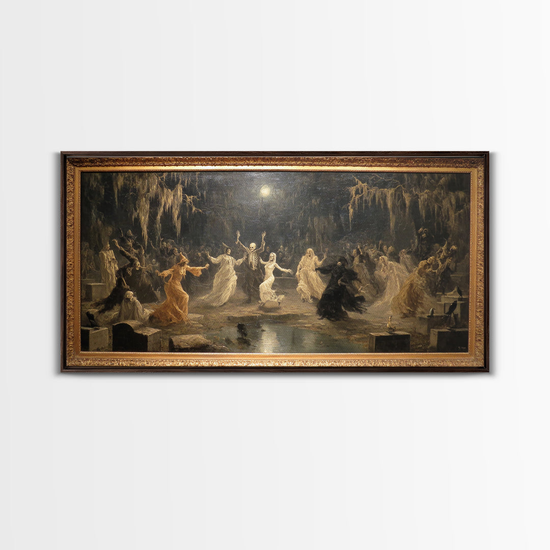 The Graveyard Dance, Symbolist Gothic Landscape, Wide Panoramic Art, Macabre Wall Art, Framed Canvas Print, Halloween Wall Art