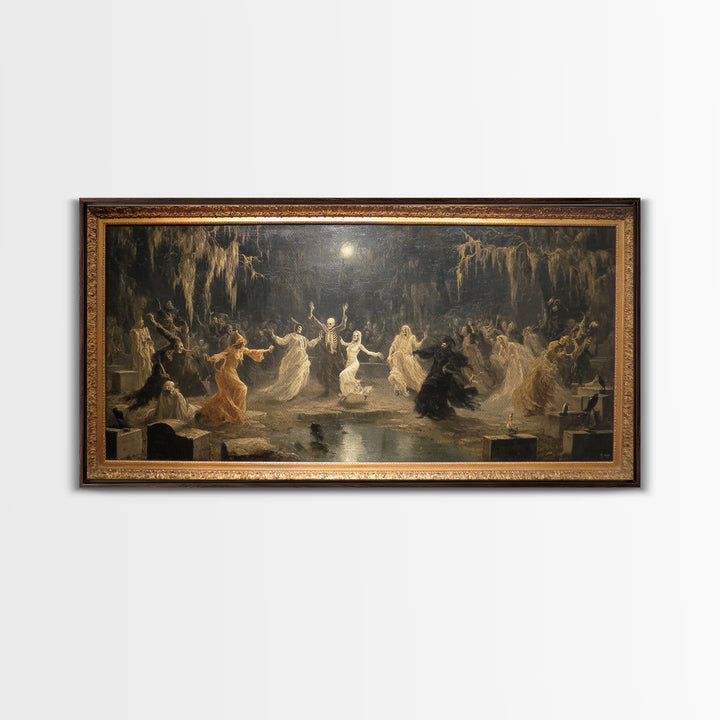 The Graveyard Dance, Symbolist Gothic Landscape, Wide Panoramic Art, Macabre Wall Art, Framed Canvas Print, Halloween Wall Art