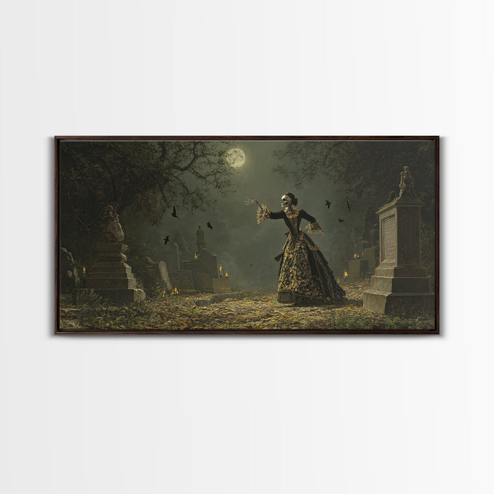 The Graveyard Dance, Ornate Symbolist Art, Wide Panoramic Art, Dark Fantasy Wall Art, Canvas Print, Halloween Wall Art