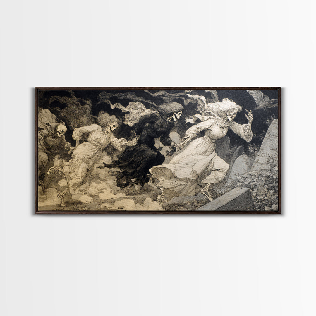The Graveyard Dance, Decadent Gothic Art, Wide Panoramic Art, Macabre Wall Art, Canvas Print, Halloween Wall Art
