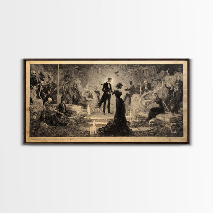 The Graveyard Dance, Dark Symbolist Art, Wide Panoramic Art, Dark Halloween Decor, Framed Canvas Print, Halloween Wall Art
